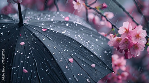 Black umbrella with pink flowers, raindrops falling on the black surface of an open umbrella, pink and dark purple cherry blossoms blooming in the background. photo
