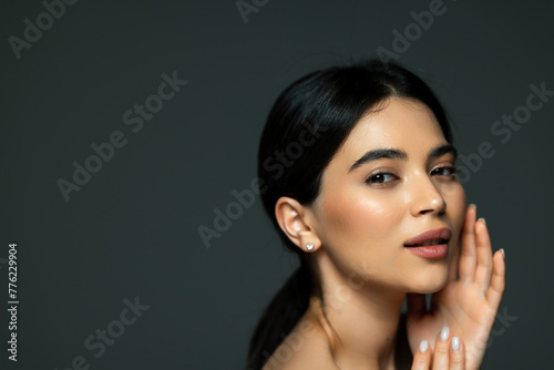Photo of joyful lady complexion enjoy aesthetic ideal perfect skin isolated over grey color background