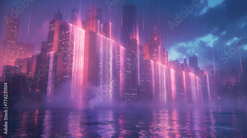 fountain at night with surreal cityscape 