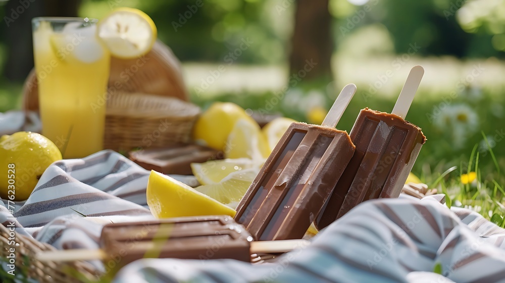 Chocolate and Fudge Popsicles at a Picnic with Lemonade in the Background
