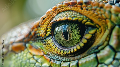 Closeup portrait dragon green eye of wild reptile animal. AI generated image
