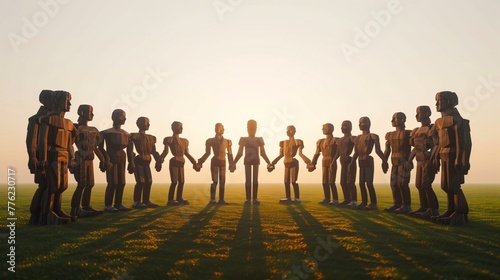Against the backdrop of a clear, ethereal sky, a circle of hand-carved wooden statues, diverse in skin tones, stand hand in hand on a grassy field.