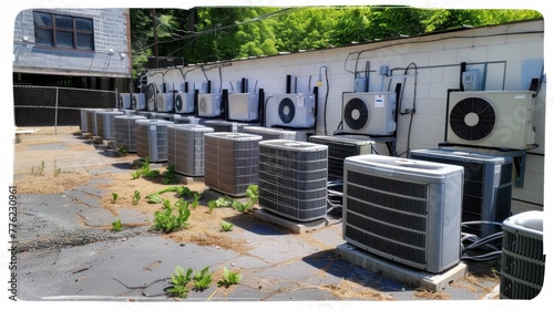 Outdoor air conditioner units installed on the ground in the backyard of a building. Generative AI