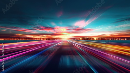 Abstract colorful vibrant lighting speed streaks gathering horizon background. AI generated