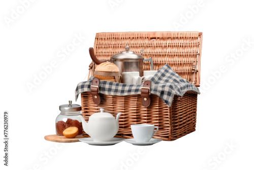 A Bountiful Picnic Pleasure: Wicker Basket Overflowing With Tea and Coffee.