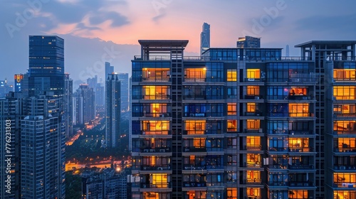 Aerial view of the exterior wall of a residential building at night with the lights on in each room. The buildings have large windows and glass facades, creating a modern cityscape.