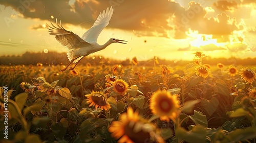 White stork flying over a field of sunflowers, golden hour illumination.