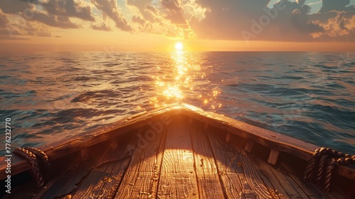 golden sunset seascape from wooden boat