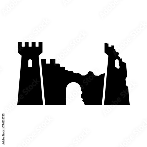 Destroyed castle icon. Ruin. Black silhouette. Front view. Vector simple flat graphic illustration. Isolated object on a white background. Isolate.