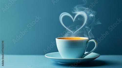 Cup of tea or coffee with steam in one heart shape on blue background