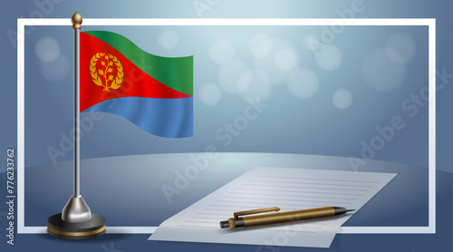Small national flag of the Eritrea on bokeh background, vector Illustration