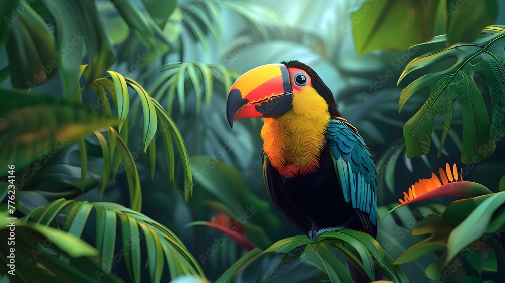 Fototapeta premium Exotic Toucan Bird Perched in Lush Tropical Jungle Foliage Vibrant Colorful Feathers and Beak Surrounded by Natural Wonder