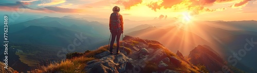Solitary Backpacker Embarks on a Transformative Spiritual Journey Through Majestic Mountain Vistas at Sunset or Sunrise photo