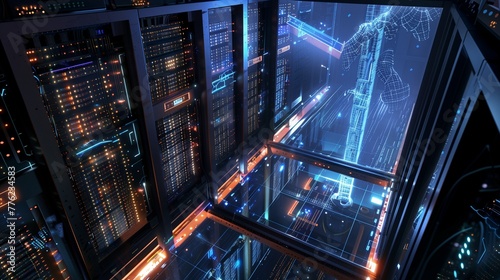 Beyond the Cloud: A Vision of Infinite Computing Power - Envision a state-of-the-art data center, viewed from an elevated perspective, glowing with the lights of thousands of server racks. photo