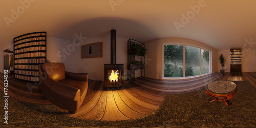 A living room with a fireplace and a spiral staircase 360 panorama vr environment map