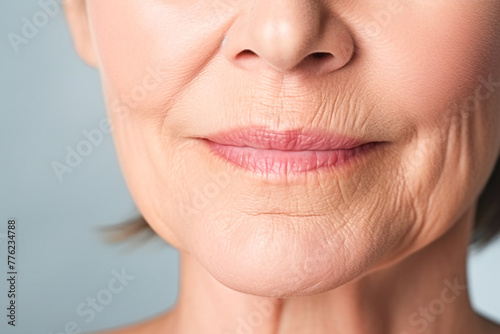 Close up of a mature woman's face with skin texture wrinkles. Cosmetic procedures for aging skin skin body care healthy lifestyle concept