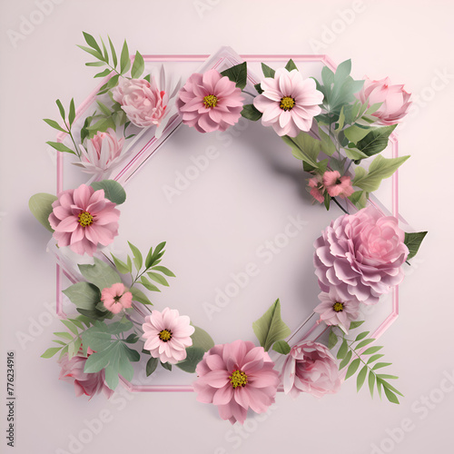 Floral wreath with pink flowers and green leaves on pink background