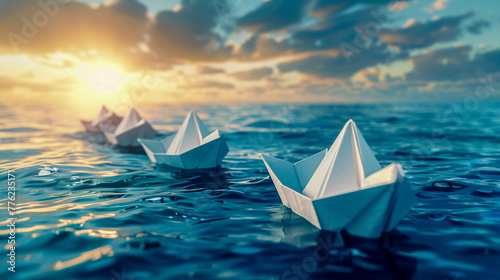 3D rendered origami boats on a digital blue sea, an immersive journey of paper art and discovery photo