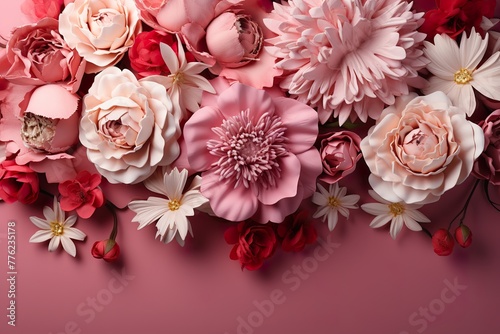 minimalistic design Peonies, roses on pink background with copy space