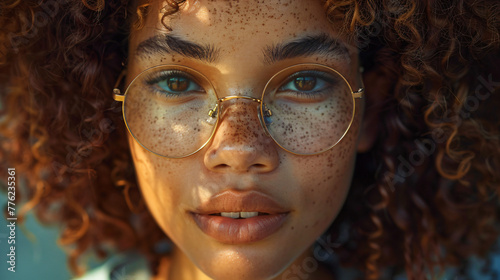 Portrait of a girl with glasses and freckles and curly hair 