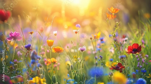 A sun-kissed meadow alive with the vibrant colors of blooming flowers, a symphony of nature's brilliance under the open sky.