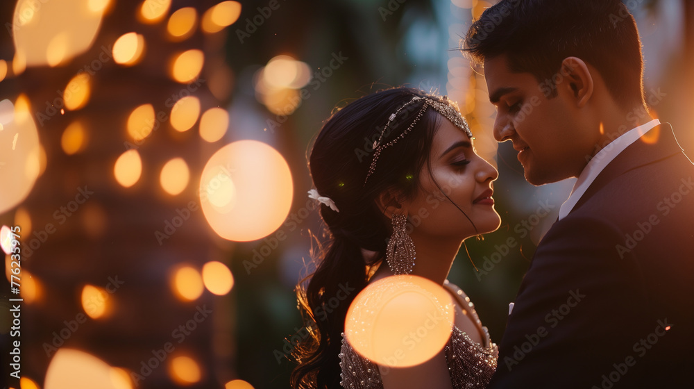 Couple in elegant attire close together with lights. Couple in elegant attire close together with lights.