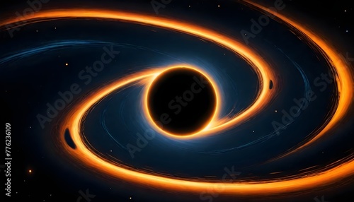 A black hole with swirling orange and blue accretion disks against a starry space background