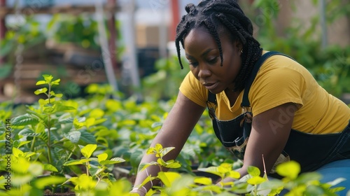 A successful black entrepreneur spearheading a community beautification project, transforming neglected urban spaces into vibrant community gardens, through her garden center. photo
