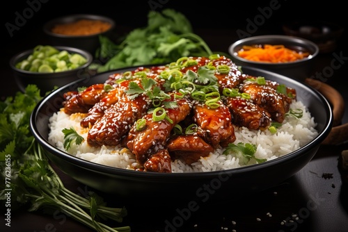 minimalistic design Sweet and sour chili sauce chicken with rice in a plate,