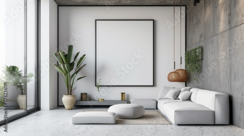 A chic modern living room with minimalist decor, featuring a large blank photo frame on a clean, white wall, flanked by sleek furniture. photo