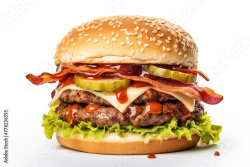 Burger with cheese, bacon, pickle and lettuce, isolated on white background. AI generative.
