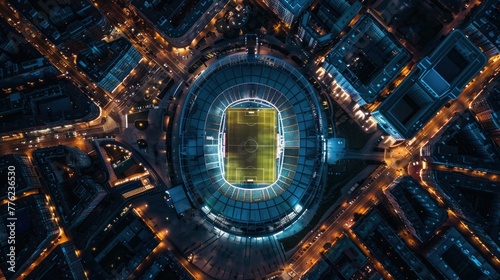 Aerial outdoor view illuminated football Stadium at night. AI generated image © MUCHIB