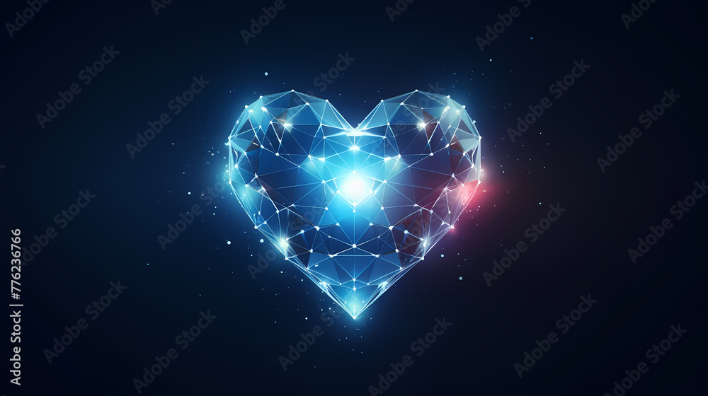 Geometric glowing Heart icon from lines isolated blue on blue background