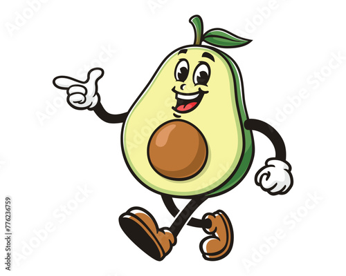 walking Avocado with pointing finger cartoon mascot illustration character vector clip art hand drawn