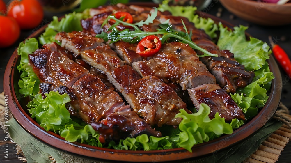 Juicy and tasty meat dishes lie on a plate to a green lettuce