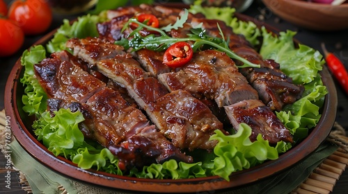 Juicy and tasty meat dishes lie on a plate to a green lettuce
