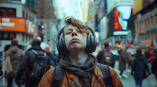 A teenager with headphones lost in thought amidst the urban hustle  looking skyward with a contemplative expression.