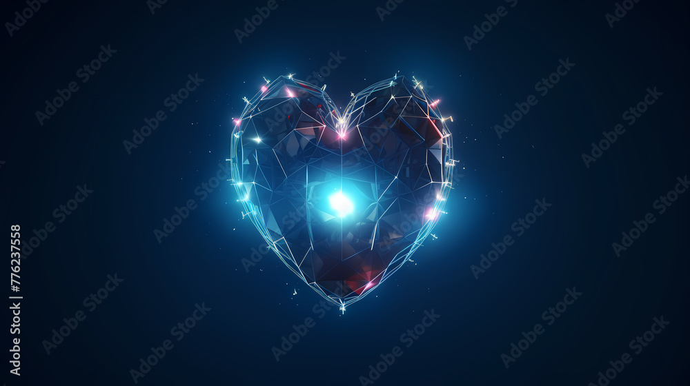 Fototapeta premium Geometric glowing Heart icon from lines isolated blue on blue background
