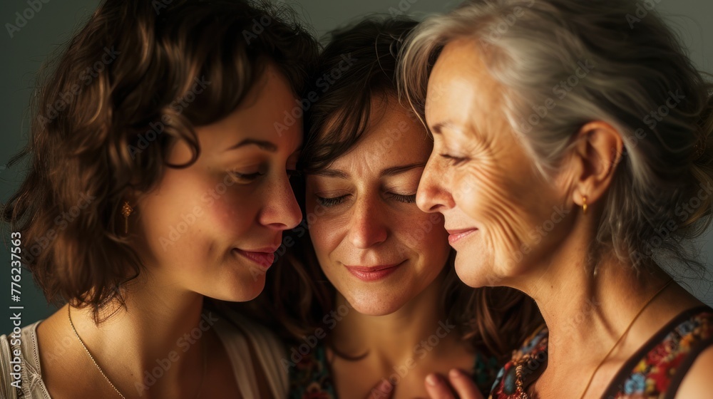 Three generations of women with eyes closed, forehead touching, in front of a gray wall.