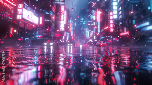 Cascading neon raindrops creating a cyberpunk-inspired rainfall  adding a futuristic touch. 