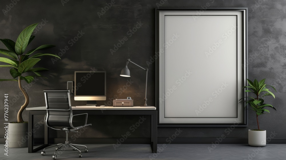 A modern, minimalist office space, with a large blank photo frame on the wall, surrounded by a streamlined desk and ergonomic chair. A modern, minimalist office space, with a large blank photo frame on the wall, surrounded by a streamlined desk and ergonomic chair.