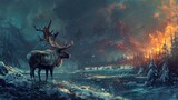 Fantasy epic reindeer animal wildlife in dramatic view background. AI generated image