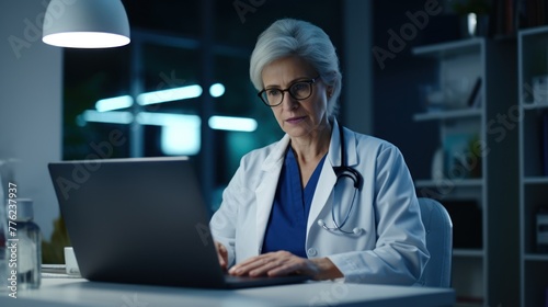 Healthcare Professional Late Night Hospital Work on Laptop Generative AI photo