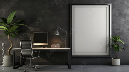 A modern, minimalist office space, with a large blank photo frame on the wall, surrounded by a streamlined desk and ergonomic chair.