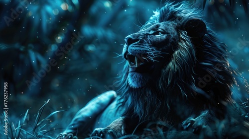 A wild Lion on the night forest isolated dramatic abstract background. AI generated
