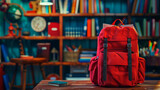 composition back to school. Red school backpack on a table in a school classroom, copy space