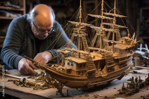 Construction model ship, The construction of an intricate model ship, Model ship builder as he intricately assembles a stunning miniature vessel , AI generated