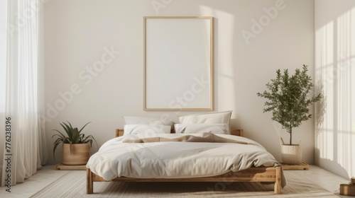 A serene bedroom interior in a minimalist style, with a neutral color palette and a single, prominent blank photo frame above a simple bed frame. © Bilas AI