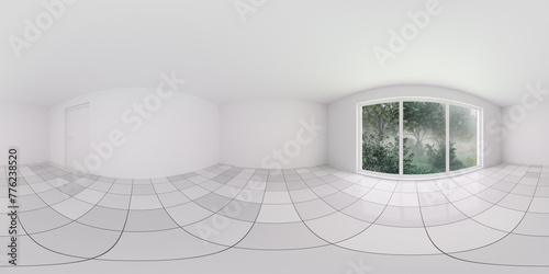 Spacious empty room with large window overlooking greenery in daylight 360 panorama vr environment map