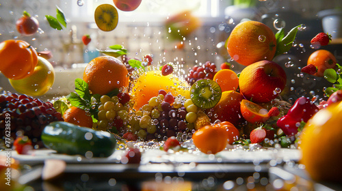 Animated fruits and vegetables chasing each other around the kitchen, playfully levitating as they assemble into a colorful salad in a whirl of motion photo